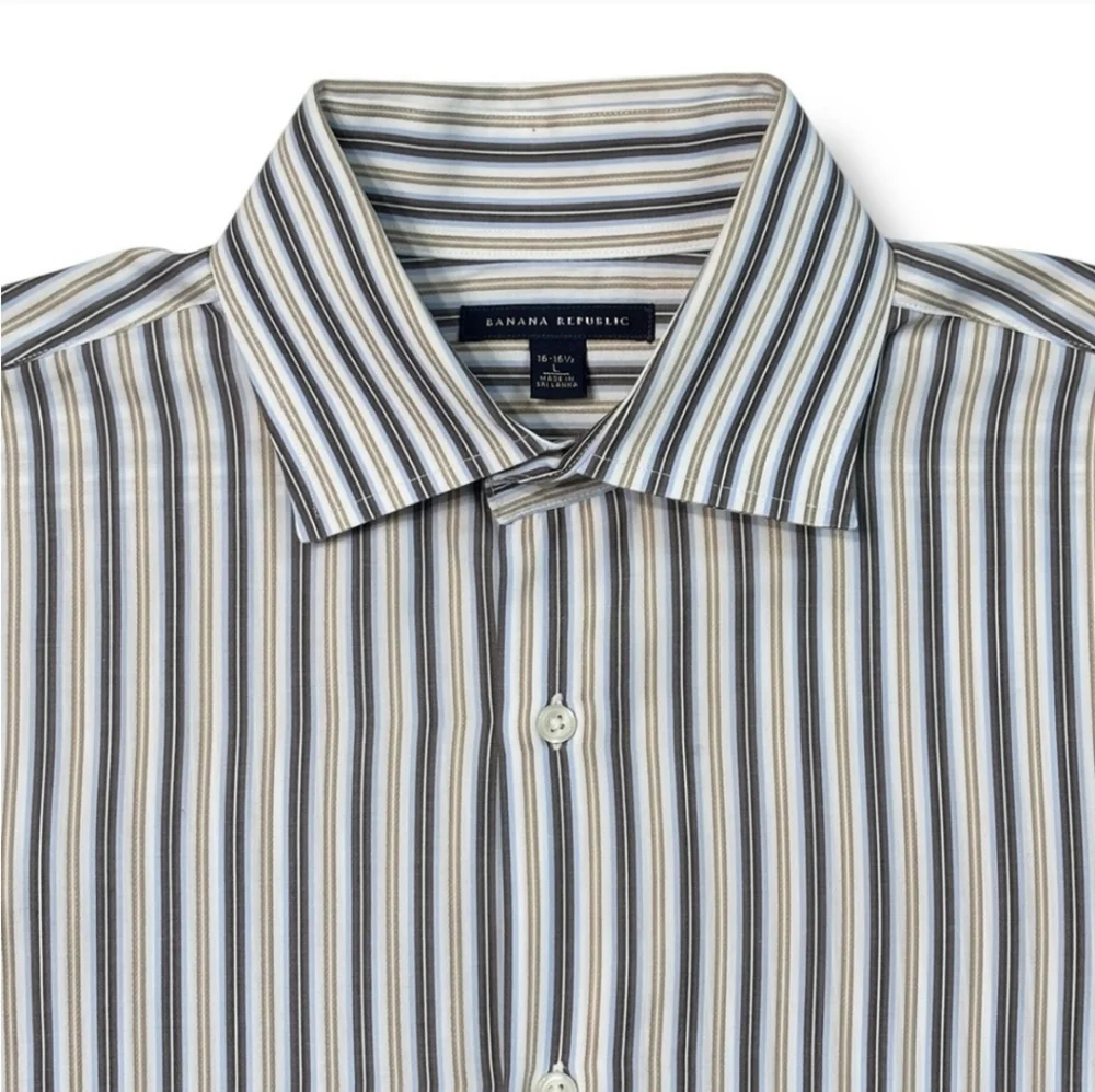 BANANA REPUBLIC Tan & Blue Striped Oxford Cotton Button Front Dress Shirt